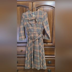 Vintage Brown Blue Plaid Belted Dress